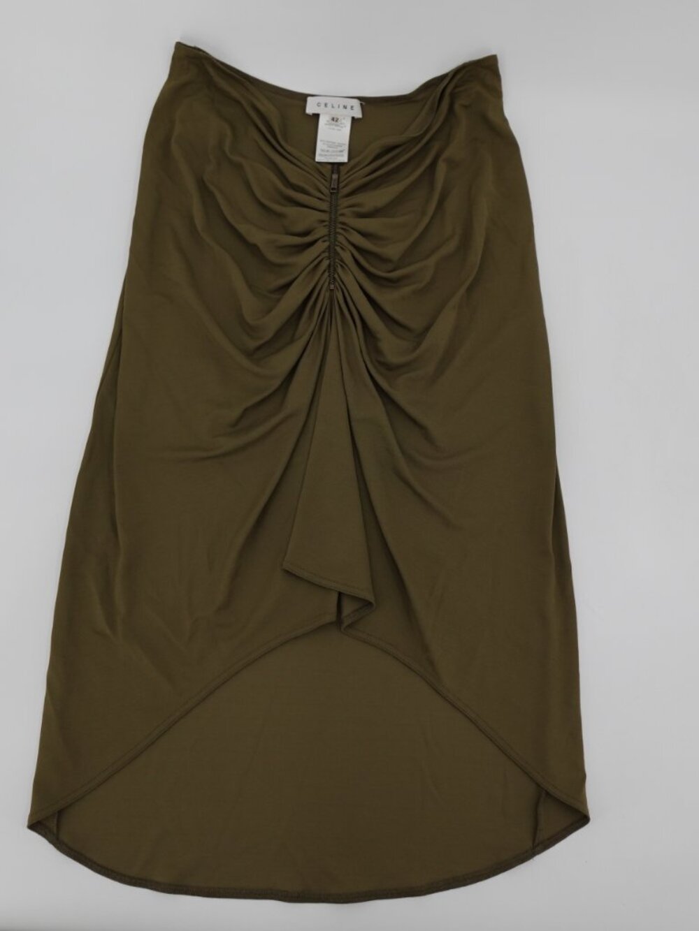 Celine Skirt Womens 42 France Olive Green Ruched Tulip Midi High Low Jersey
